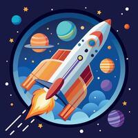 A colorful cartoon depicting space shuttle exploration on a moon trip route. Illustration of a space shuttle and vibrant picture vector