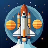 A colorful cartoon depicting space shuttle exploration on a moon trip route. Illustration of a space shuttle and vibrant picture vector