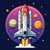 A colorful cartoon depicting space shuttle exploration on a moon trip route. Illustration of a space shuttle and vibrant picture vector