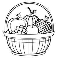 Fruits on a Basket coloring page, Fruits outline drawing coloring book pages for children vector