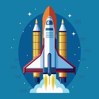 A colorful cartoon depicting space shuttle exploration on a moon trip route. Illustration of a space shuttle and vibrant picture vector