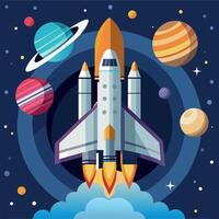 A colorful cartoon depicting space shuttle exploration on a moon trip route. Illustration of a space shuttle and vibrant picture vector