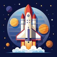 A colorful cartoon depicting space shuttle exploration on a moon trip route. Illustration of a space shuttle and vibrant picture vector