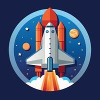 A colorful cartoon depicting space shuttle exploration on a moon trip route. Illustration of a space shuttle and vibrant picture vector