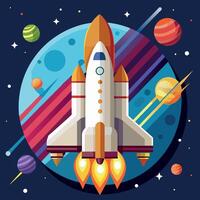 A colorful cartoon depicting space shuttle exploration on a moon trip route. Illustration of a space shuttle and vibrant picture vector