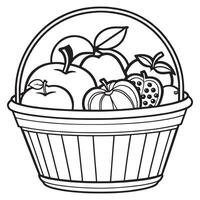 Fruits on a Basket coloring page, Fruits outline drawing coloring book pages for children vector