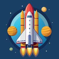 A colorful cartoon depicting space shuttle exploration on a moon trip route. Illustration of a space shuttle and vibrant picture vector