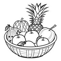 Fruits on a Basket coloring page, Fruits outline drawing coloring book pages for children vector