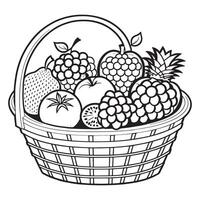 Fruits on a Basket coloring page, Fruits outline drawing coloring book pages for children vector