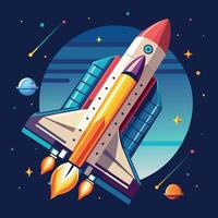 A colorful cartoon depicting space shuttle exploration on a moon trip route. Illustration of a space shuttle and vibrant picture vector