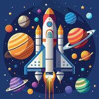 A colorful cartoon depicting space shuttle exploration on a moon trip route. Illustration of a space shuttle and vibrant picture vector