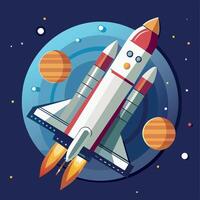 A colorful cartoon depicting space shuttle exploration on a moon trip route. Illustration of a space shuttle and vibrant picture vector