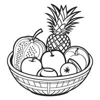 Fruits on a Basket coloring page, Fruits outline drawing coloring book pages for children vector