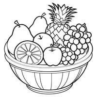 Fruits on a Basket coloring page, Fruits outline drawing coloring book pages for children vector