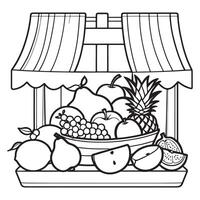 Fruits on a Basket coloring page, Fruits outline drawing coloring book pages for children vector