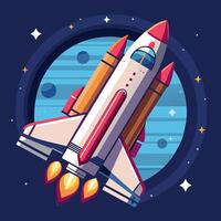 A colorful cartoon depicting space shuttle exploration on a moon trip route. Illustration of a space shuttle and vibrant picture vector