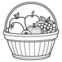 Fruits on a Basket coloring page, Fruits outline drawing coloring book pages for children vector