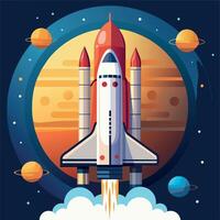 A colorful cartoon depicting space shuttle exploration on a moon trip route. Illustration of a space shuttle and vibrant picture vector