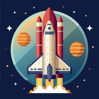 A colorful cartoon depicting space shuttle exploration on a moon trip route. Illustration of a space shuttle and vibrant picture vector