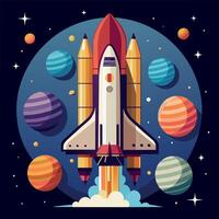 A colorful cartoon depicting space shuttle exploration on a moon trip route. Illustration of a space shuttle and vibrant picture vector