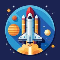 A colorful cartoon depicting space shuttle exploration on a moon trip route. Illustration of a space shuttle and vibrant picture vector