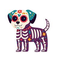 Day of the Dead, Dia de los muertos, dog skull and skeleton decorated with colorful Mexican elements and flowers. Fiesta, Halloween, holiday poster, party. Vector illustration.