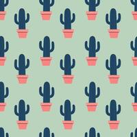 Cute cactus seamless pattern. Mexican cactus in pot. Desert spiny plant, mexico cacti flower and tropical home plants. Flora isolated vector pattern