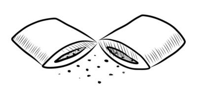 BLACK AND WHITE VECTOR DRAWING OF A BROKEN PIECE OF PET FOOD