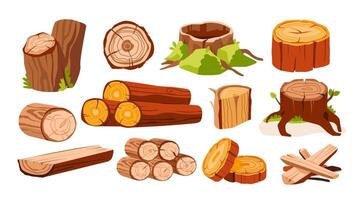 Log piles, tree stumps, firewood, logging, wood processing industry set. Flat vector illustration