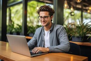 AI generated young business man smiling at camera in office photo