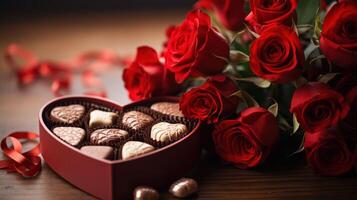 ai generado un de cerca Disparo de un en forma de corazon caja de chocolates con un ramo de flores de rojo rosas en el antecedentes foto