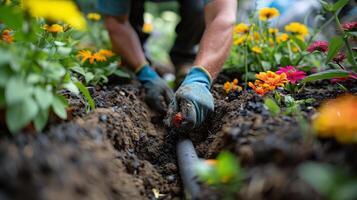 AI generated Man Digging Ground With Garden Hose photo