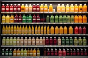 AI generated many juices on fruit bars in a grocery store photo