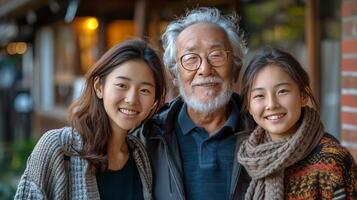 AI generated Older Man and Two Young Girls Posing for a Picture photo