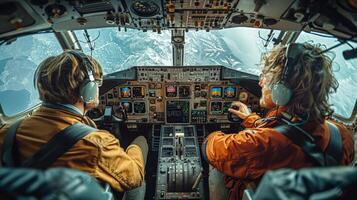 ai generado dos pilotos en el cabina de un avión foto