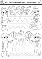 Vector wedding handwriting practice worksheet with bride and groom and clothes. Tracing game or black and white coloring page for writing skills. Help the couple get ready for marriage