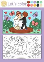 Wedding coloring page for children with cute dancing just married couple. Vector marriage ceremony color book for kids with bride, groom and colored example. Drawing skills printable worksheet