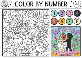 Vector wedding color by number activity with cute just married couple dancing first dance. Marriage ceremony black and white counting game, coloring page with bride and groom for kids