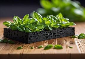 AI generated The wet basil rests on a wooden cutting board. Daytime sunny soft lighting. photo