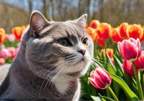 ai generado un hermosa dulce gris gato disfruta olfateando rojo tulipanes un claro, soleado día. calentar primavera clima. retrato, de cerca. foto