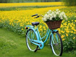 AI generated A classic bicycle with a flower basket stands in a field. photo