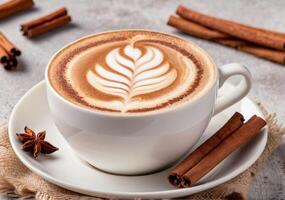 AI generated An airy cappuccino bean coffee cup decorated with cinnamon and cocoa. Daytime sunny soft lighting. photo