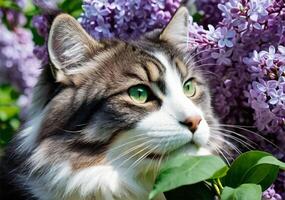 AI generated Beautiful cute fluffy green-eyed Siberian sniffing lilacs with pleasure. A clear, sunny day. Warm spring weather. Portrait, close-up. photo