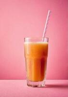 AI generated Freshly squeezed juice in tall glass on pink textured background. Daytime sunny soft lighting. photo