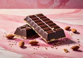 ai generado oscuro chocolate bar con Almendras en un rosado jaspeado antecedentes. el chocolate es ligeramente rociado con pequeño oro lentejuelas foto
