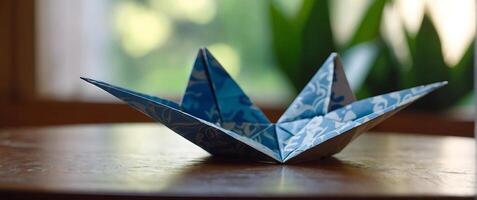 AI generated Colorful Paper made different shaped Origami on a table photo