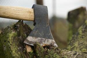 Close up of a black hatchet with a wooden handle photo