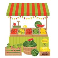 A farmer's counter with fruits and vegetables in wooden boxes. Local food at the stand at the farmer's fair. Vector illustrated clipart.