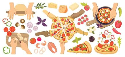 A set of vector elements for pizza preparation. Pizza for the party. Dough preparation, slicing and adding ingredients, pizza slices. Pizza ingredients, cooking moments and hands. illustrated clipart.