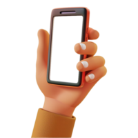 AI generated 3D Cartoon hand holding smartphone isolated on transparent background, digital device mockup, blank screen for app display png